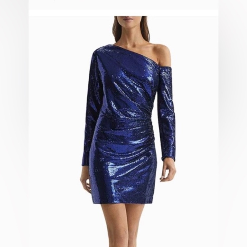 Reiss one shoulder long sleeve sequin dress US6